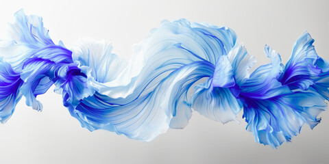 Abstract artistic representation of fluid blue and purple fabric-like forms undulating against a neutral background.