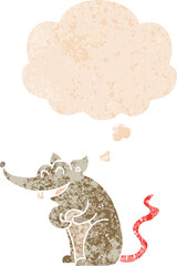 cartoon rat with thought bubble in grunge distressed retro textured style