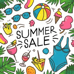 Naklejka premium Summer time vector banner design, colorful beach elements in white background.