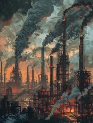 Industrial apocalypse, smoke and fire rising - A dystopian view with belching smokestacks and blazing fires amidst industrial structures - obrazy, fototapety, plakaty