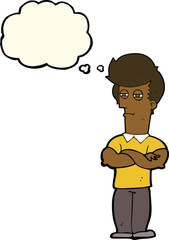 cartoon man with folded arms with thought bubble