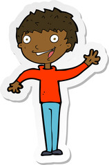 sticker of a cartoon happy boy waving