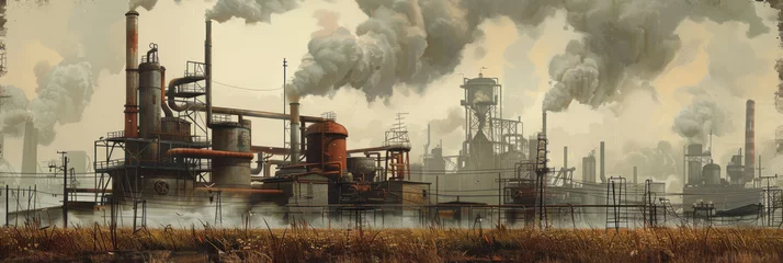 Fotobehang Polluted industrial scene with dense smoke - A panoramic view showcasing industrial pollution with multiple smokestacks emitting thick smoke into the sky © Mickey