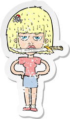 retro distressed sticker of a cartoon woman with knife between teeth