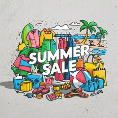 Summer time vector banner design, colorful beach elements in white background.