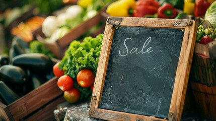 Farmers market stall with a variety of organic vegetables and greens. Board with sale sign. Copy space. Generative AI