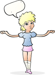 cartoon woman shrugging shoulders with speech bubble