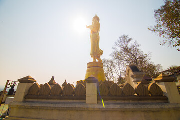 Golden buddha statue stand on mountain temple look to city