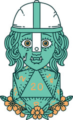 Retro Tattoo Style half orc fighter character with natural twenty dice roll