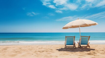 Sunny Beach View with White Umbrella and Ocean Background