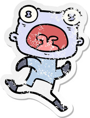 distressed sticker of a cartoon weird alien running away