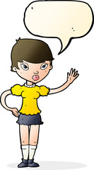 cartoon woman waving with speech bubble