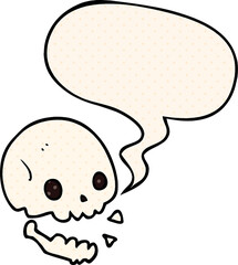 cartoon spooky skull with speech bubble in comic book style