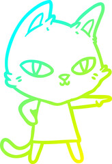 cold gradient line drawing of a cartoon cat staring