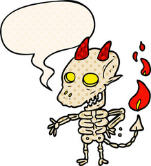 cartoon spooky skeleton demon with speech bubble in comic book style