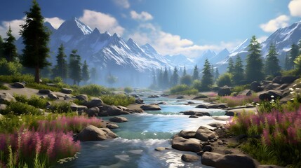 Beautiful panoramic view of the mountain river and forest.