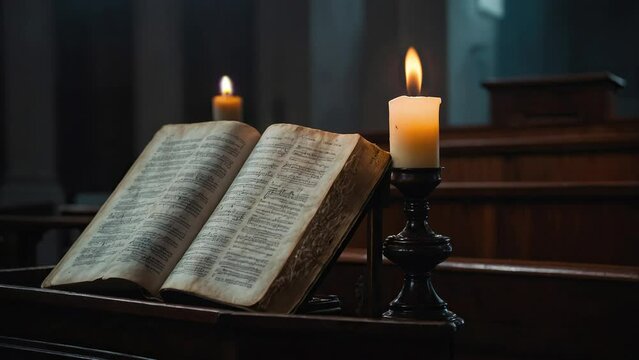 Bible and candles in front of the church pulpit