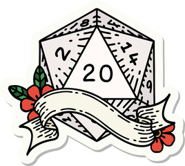 sticker of a natural twenty D20 dice roll