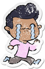 distressed sticker of a cartoon man crying