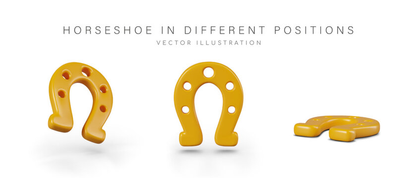 Realistic golden horseshoe in different positions. Symbol of good luck