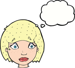 cartoon worried female face with thought bubble