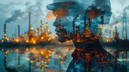 Double exposure of woman in gas mask and oil refinery. Concept of industry 4.0