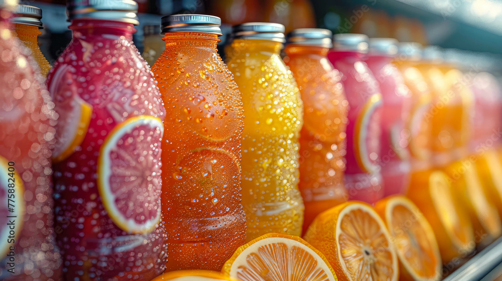 Poster a row of colorful bottles of juice with a few slices of oranges on the bottom. the bottles are lined