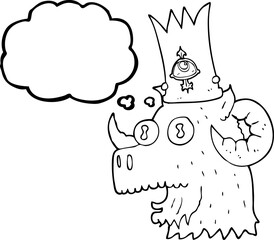 freehand drawn thought bubble cartoon ram head with magical crown
