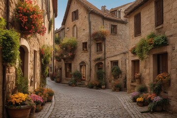 An Artwork,"Discover the enchanting beauty of a village, where cobblestone pathways wind past colorful flower displays, a cultural retreat."3:2.