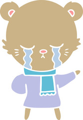 crying flat color style cartoon bear wearing winter clothes