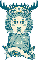 Retro Tattoo Style human druid with natural twenty dice roll