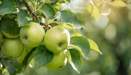Close-up of ripe apples growing on branch with green leaves. Garden fruit tree. Sweet summer harvest