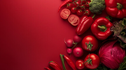 Assortment of red vegetables and spices artistically arranged on a deep red background with copy space