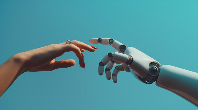 A conceptual photo showcasing a human hand with a ring reaching out towards a robotic hand on a blue background