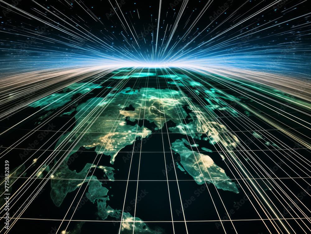Poster a computer generated image of the world with a blue and green color scheme