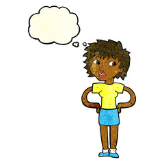 cartoon woman with hands on hips with thought bubble