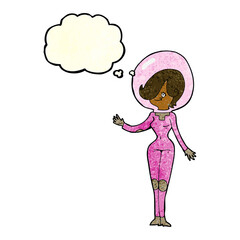 cartoon space woman with thought bubble