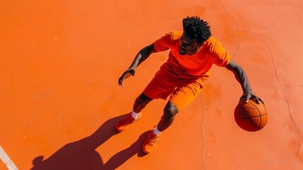 Basketball Player Dribbling on Vibrant Orange Court