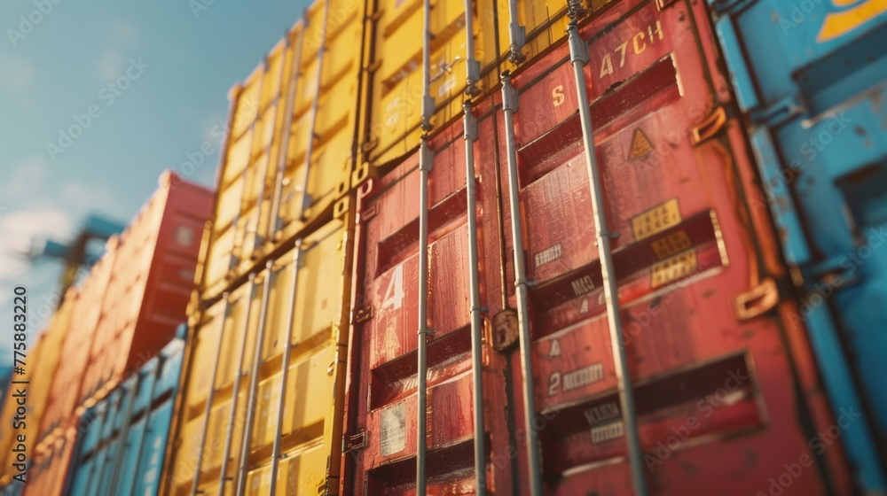 Poster Close up view of multiple shipping containers. Ideal for logistics and transportation concepts