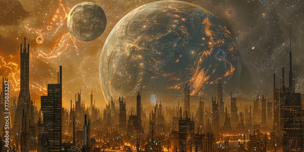 Poster urban skyline with a large planet in the background. suitable for futuristic or science fiction them