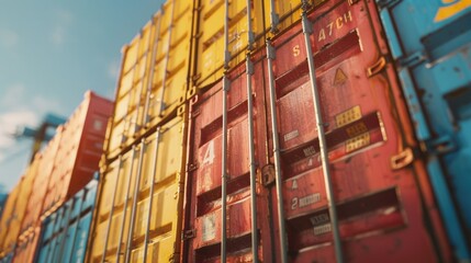 Fototapeta premium Close up view of multiple shipping containers. Ideal for logistics and transportation concepts