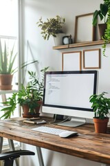 A computer monitor on a wooden desk, suitable for office or technology concepts