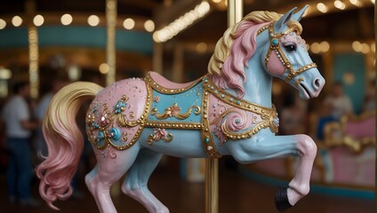 Fototapeta na wymiar A vintage carousel horse, painted in pastel pinks, blues, and yellows, adorned with golden accents and sparkling gems Generative AI