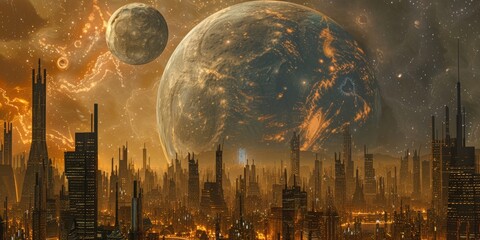 Urban skyline with a large planet in the background. Suitable for futuristic or science fiction themes