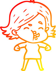 warm gradient line drawing of a cartoon girl pulling face