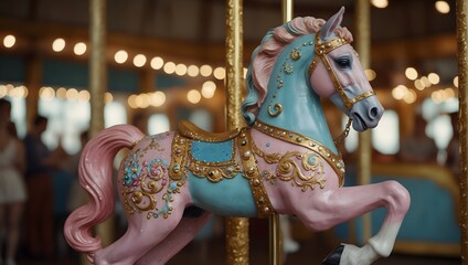  A vintage carousel horse, painted in pastel pinks, blues, and yellows, adorned with golden accents and sparkling gems Generative AI