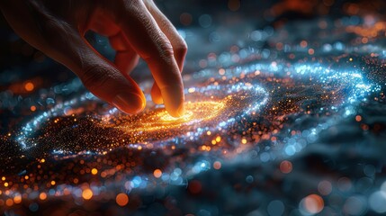 Hand touching impressive vortex of data and light particles, innovation and discovery concepts - obrazy, fototapety, plakaty