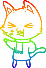rainbow gradient line drawing of a cartoon cat hissing