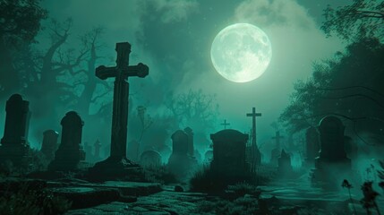 A haunting image of a cemetery at night with a full moon, perfect for spooky themed designs - obrazy, fototapety, plakaty