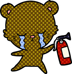 crying cartoon bear with fire extinguisher